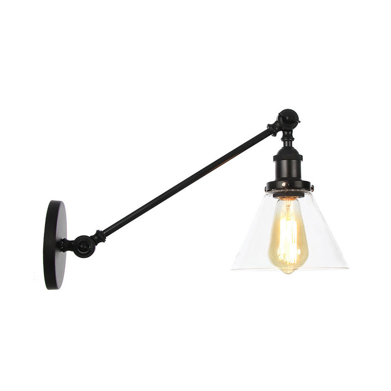 Avtoit | Industrial Conical Wall Lamp 1 Light Clear Glass Lighting in Black/Bronze/Brass, 8"/12" L Arm