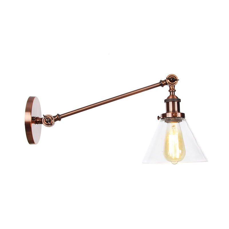 Avtoit | Industrial Conical Wall Lamp 1 Light Clear Glass Lighting in Black/Bronze/Brass, 8"/12" L Arm