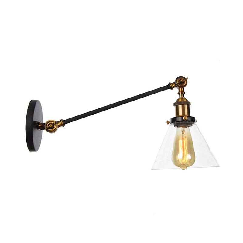 Avtoit | Industrial Conical Wall Lamp 1 Light Clear Glass Lighting in Black/Bronze/Brass, 8"/12" L Arm