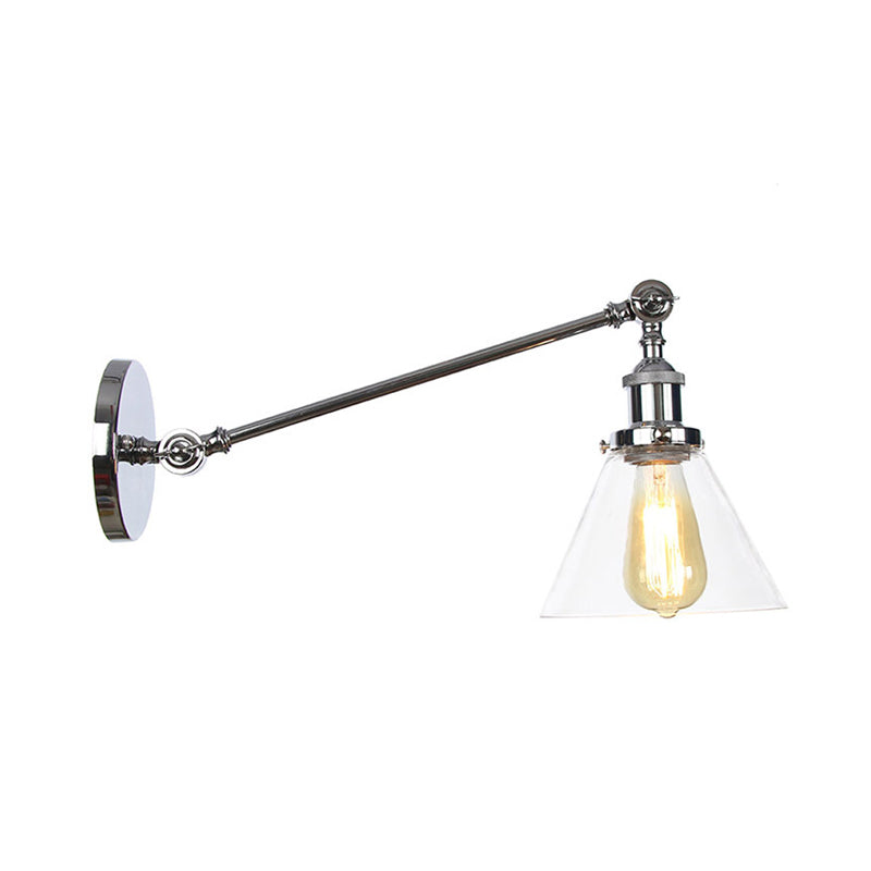 Avtoit | Industrial Conical Wall Lamp 1 Light Clear Glass Lighting in Black/Bronze/Brass, 8"/12" L Arm
