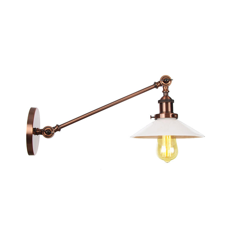 Avtoit | Industrial Conical Wall Lamp 1 Light Opal Glass Wall Lamp in Black/Copper/Brass with Arm, 8"/12" L