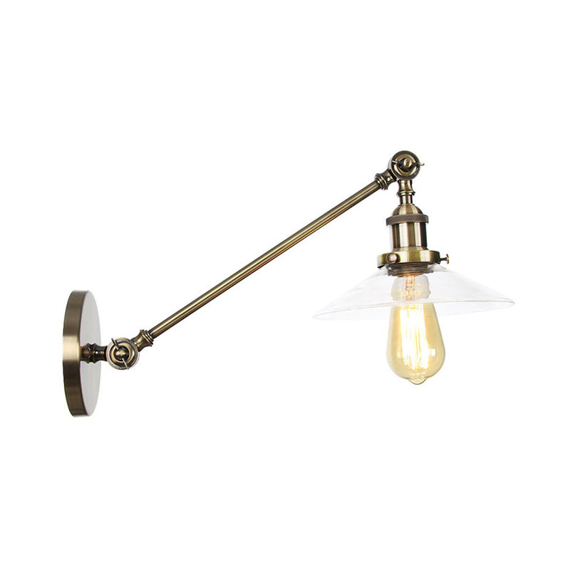 Avtoit | 1 Light Indoor Wall Lamp Vintage Black/Brass/Bronze Lighting Fixture with Cone Transparent Glass Shade, 8"/12" L Arm