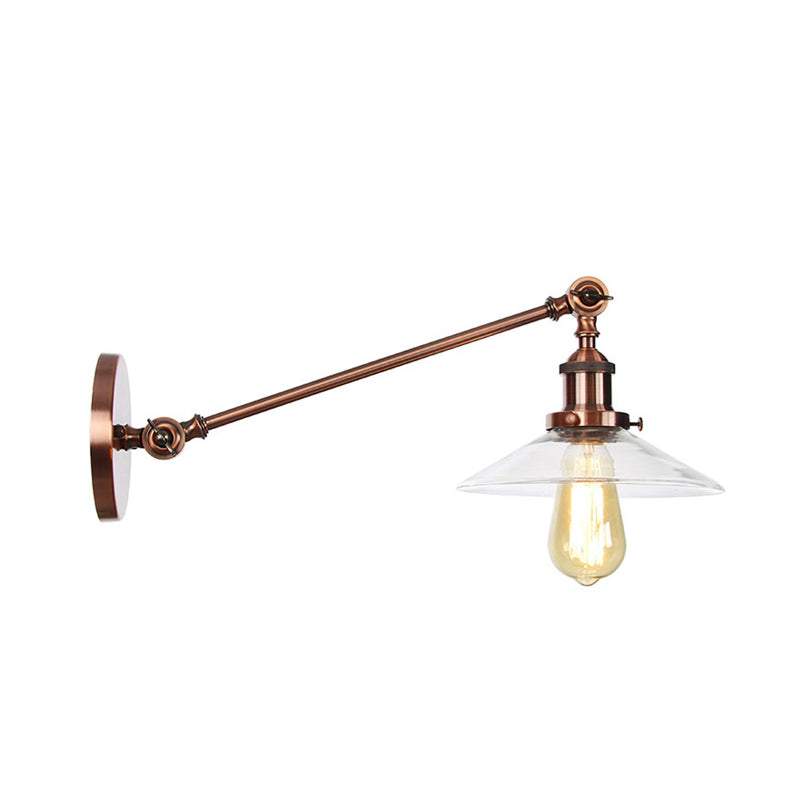 Avtoit | 1 Light Indoor Wall Lamp Vintage Black/Brass/Bronze Lighting Fixture with Cone Transparent Glass Shade, 8"/12" L Arm