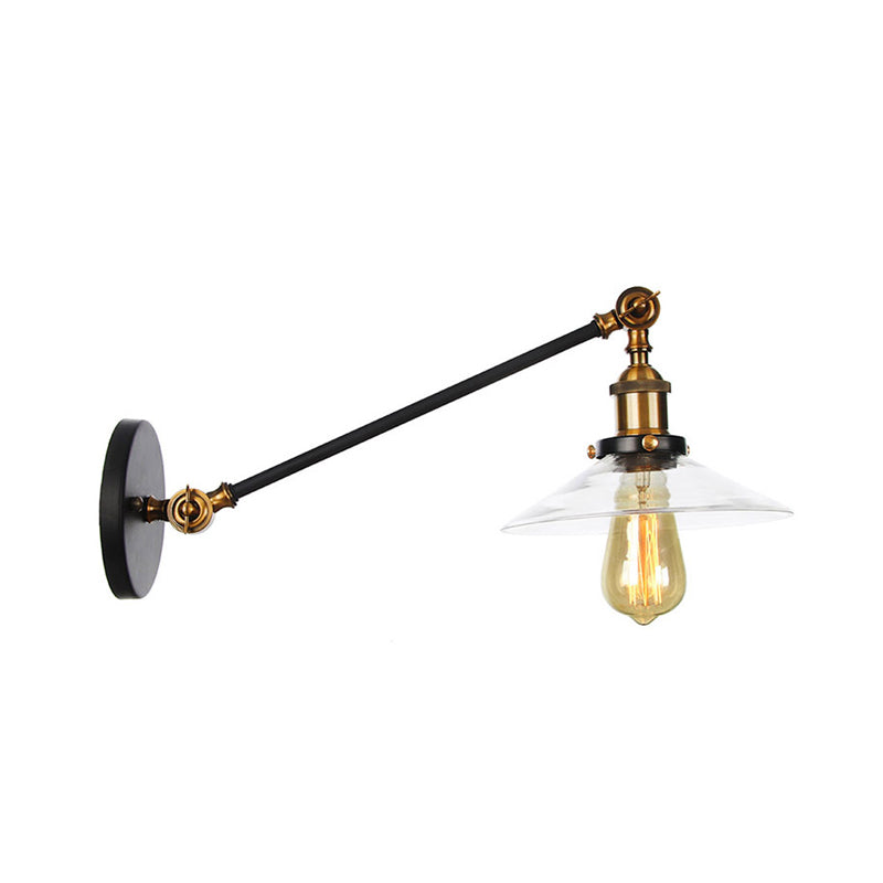 Avtoit | 1 Light Indoor Wall Lamp Vintage Black/Brass/Bronze Lighting Fixture with Cone Transparent Glass Shade, 8"/12" L Arm