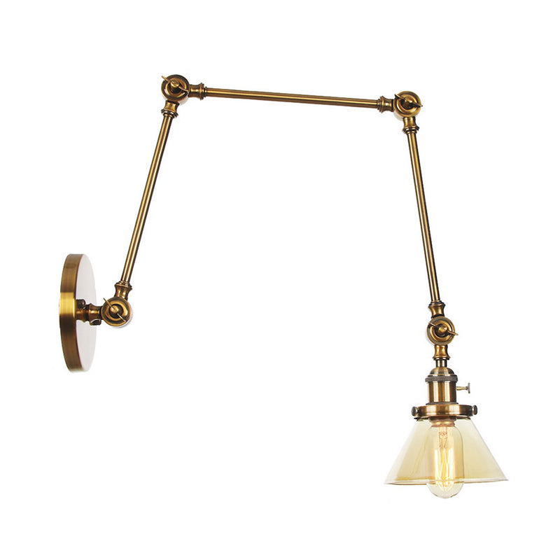 Avtoit | 1 Light Wall Lamp Industrial Cone Clear/Amber Glass Wall Lamp in Black/Bronze/Brass with Adjustable Arm, 8“+8"/8"+8"+8" Long