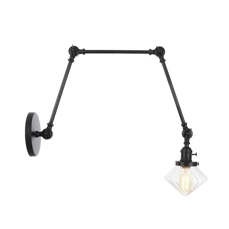 Avtoit | 1 Light Dining Room Wall Lamp Vintage Black/Bronze/Brass Wall Mounted Lamp with Diamond Clear/Amber Glass Shade, 8"+8"/8"+8"+8" L Adjustable Arm