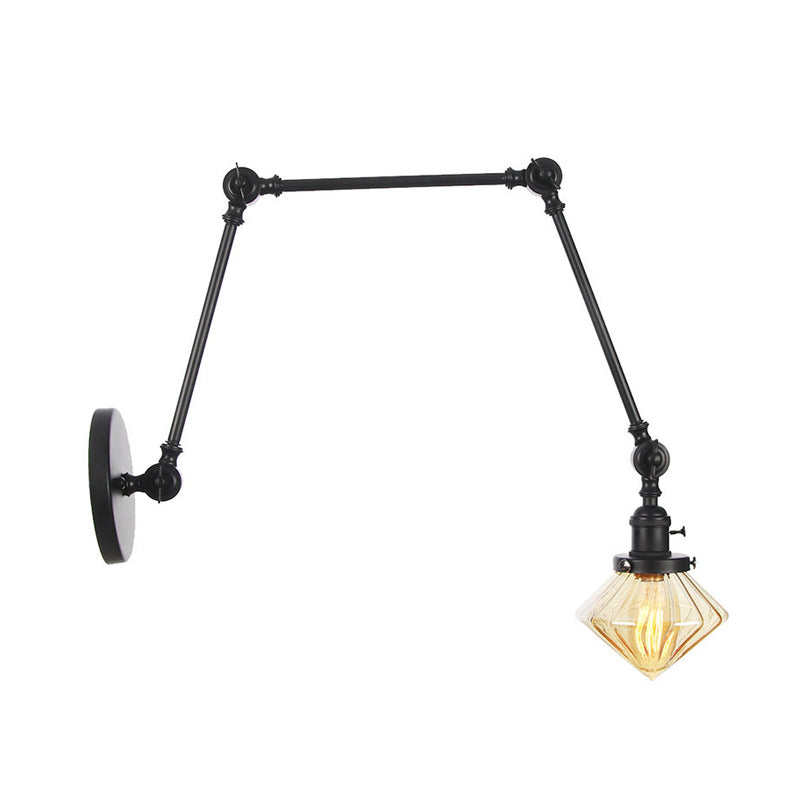 Avtoit | 1 Light Dining Room Wall Lamp Vintage Black/Bronze/Brass Wall Mounted Lamp with Diamond Clear/Amber Glass Shade, 8"+8"/8"+8"+8" L Adjustable Arm