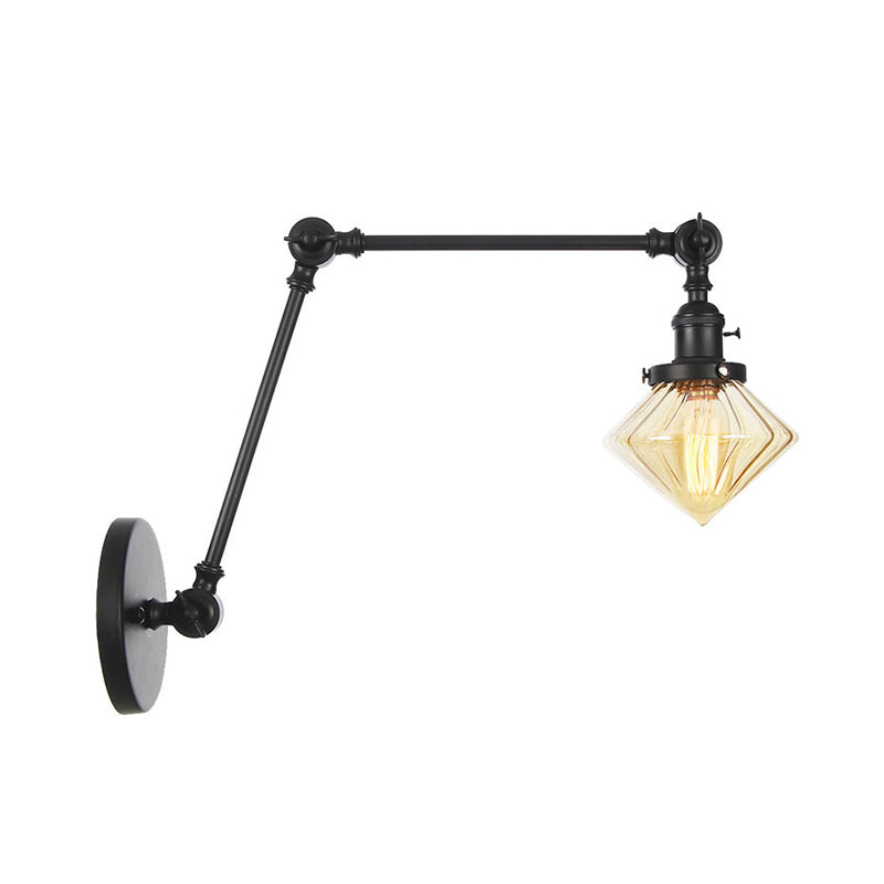 Avtoit | 1 Light Dining Room Wall Lamp Vintage Black/Bronze/Brass Wall Mounted Lamp with Diamond Clear/Amber Glass Shade, 8"+8"/8"+8"+8" L Adjustable Arm