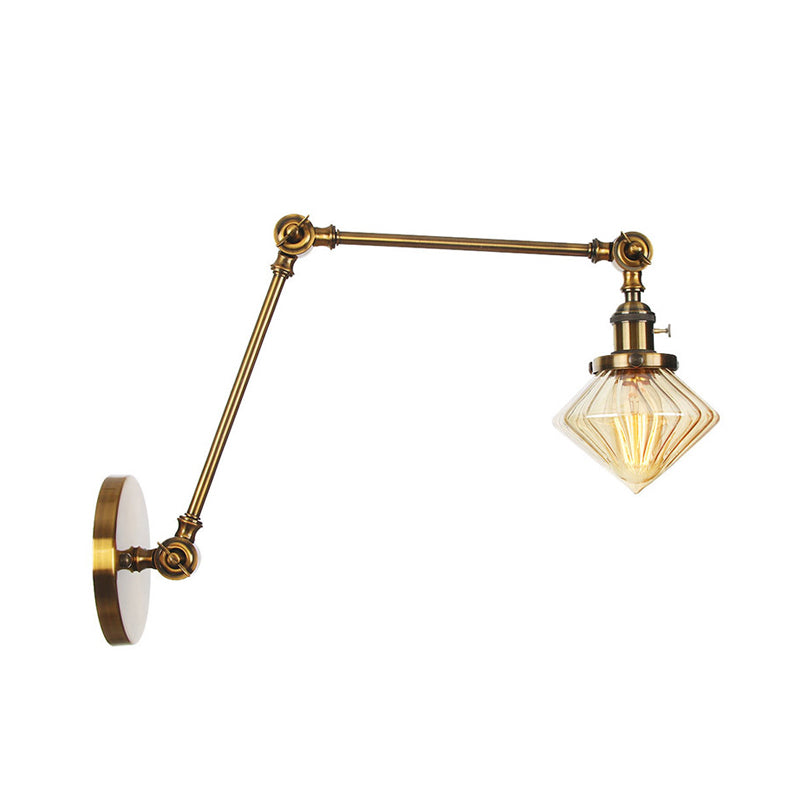 Avtoit | 1 Light Dining Room Wall Lamp Vintage Black/Bronze/Brass Wall Mounted Lamp with Diamond Clear/Amber Glass Shade, 8"+8"/8"+8"+8" L Adjustable Arm