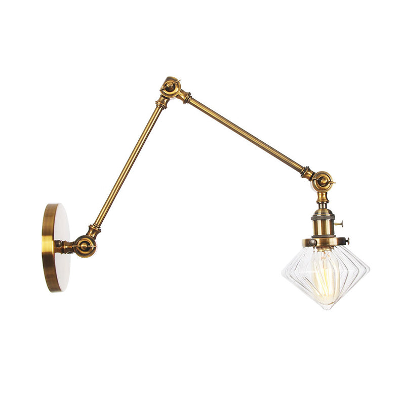 Avtoit | 1 Light Dining Room Wall Lamp Vintage Black/Bronze/Brass Wall Mounted Lamp with Diamond Clear/Amber Glass Shade, 8"+8"/8"+8"+8" L Adjustable Arm