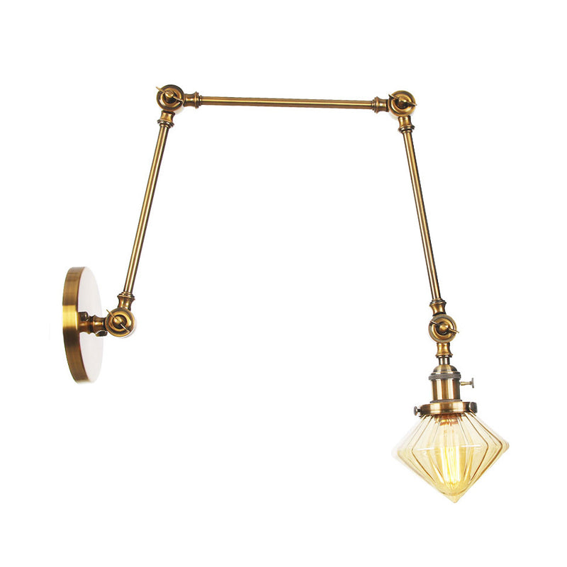 Avtoit | 1 Light Dining Room Wall Lamp Vintage Black/Bronze/Brass Wall Mounted Lamp with Diamond Clear/Amber Glass Shade, 8"+8"/8"+8"+8" L Adjustable Arm