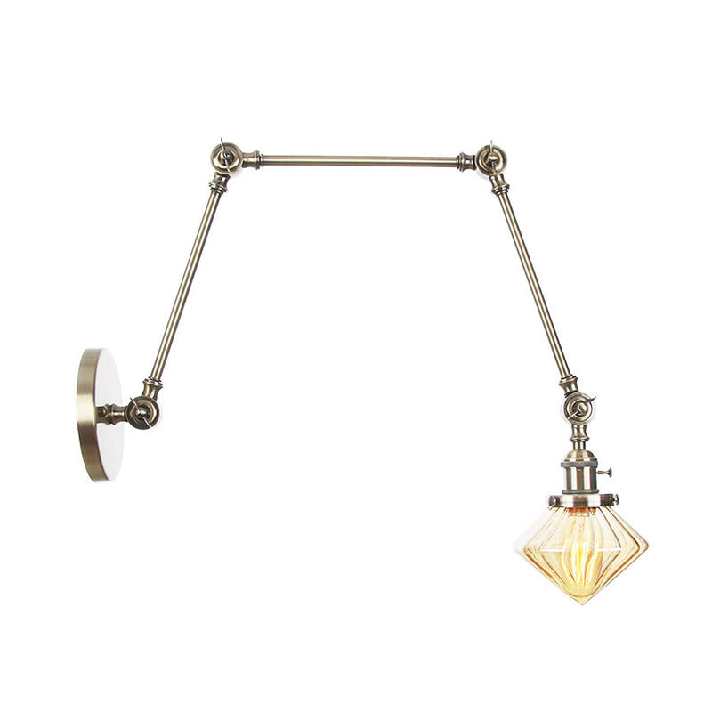 Avtoit | 1 Light Dining Room Wall Lamp Vintage Black/Bronze/Brass Wall Mounted Lamp with Diamond Clear/Amber Glass Shade, 8"+8"/8"+8"+8" L Adjustable Arm