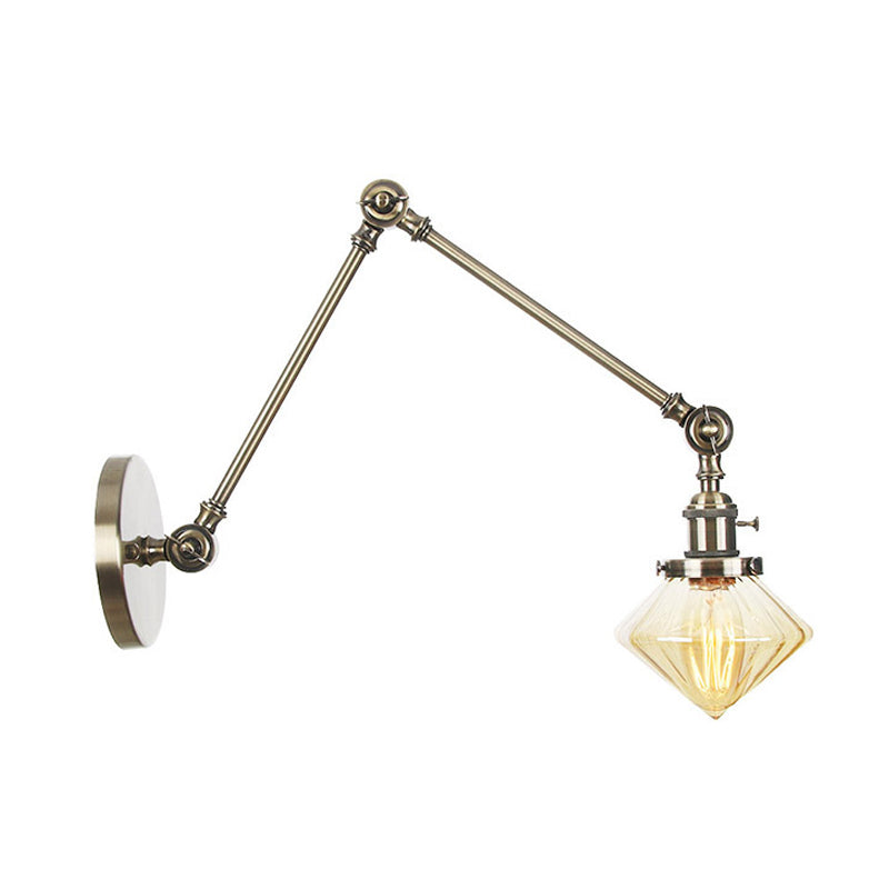 Avtoit | 1 Light Dining Room Wall Lamp Vintage Black/Bronze/Brass Wall Mounted Lamp with Diamond Clear/Amber Glass Shade, 8"+8"/8"+8"+8" L Adjustable Arm