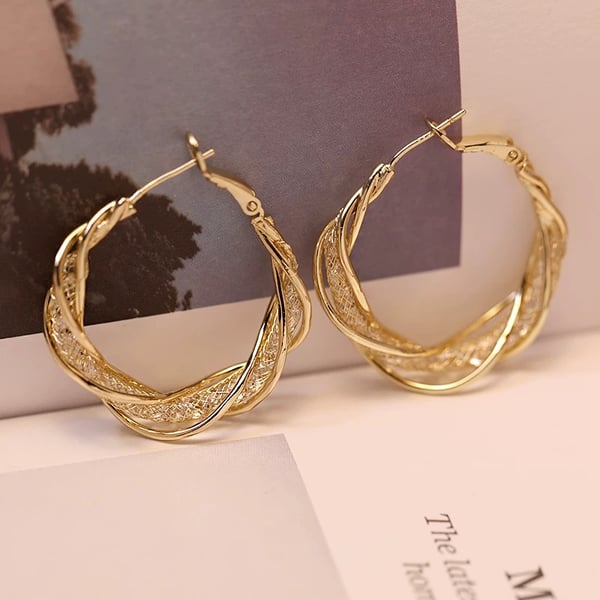 Avtoit | Elegant Gold Colored Twisted Hoop Earrings with Mesh Pattern