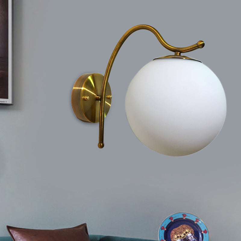 Avtoit | Ball Wall Lamp Modern White Glass 1 Head Gold Wall Light with Metal Curved Arm