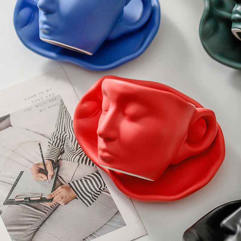 Avtoit | Metal Touching Face Creative Ceramic Kiss Coffee Cup, Artistic Vibe Mug & Saucer Set