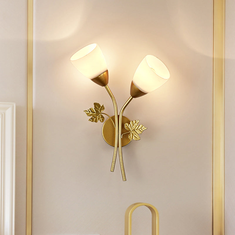 Avtoit | Floral Wall Lamp Modernist Milk Glass 2 Light Sources Black/Gold Wall Light with Metal Leaf