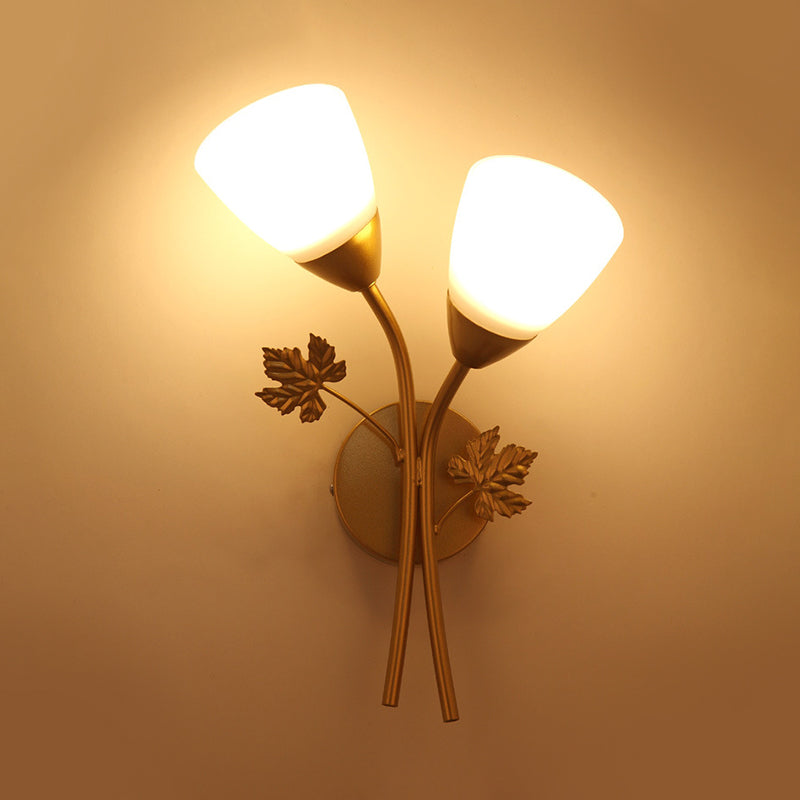 Avtoit | Floral Wall Lamp Modernist Milk Glass 2 Light Sources Black/Gold Wall Light with Metal Leaf