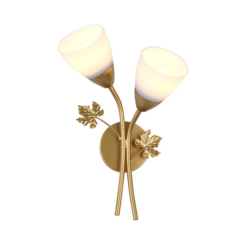 Avtoit | Floral Wall Lamp Modernist Milk Glass 2 Light Sources Black/Gold Wall Light with Metal Leaf