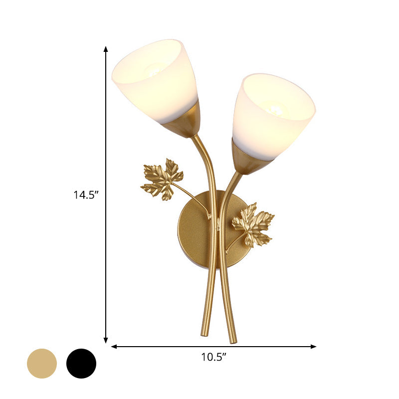 Avtoit | Floral Wall Lamp Modernist Milk Glass 2 Light Sources Black/Gold Wall Light with Metal Leaf