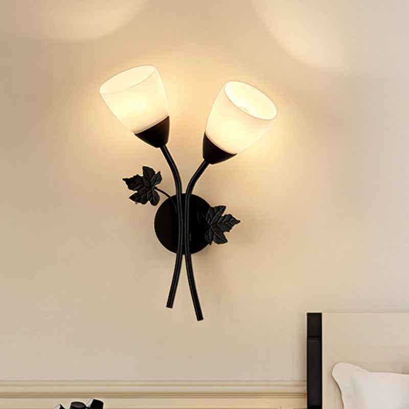 Avtoit | Floral Wall Lamp Modernist Milk Glass 2 Light Sources Black/Gold Wall Light with Metal Leaf