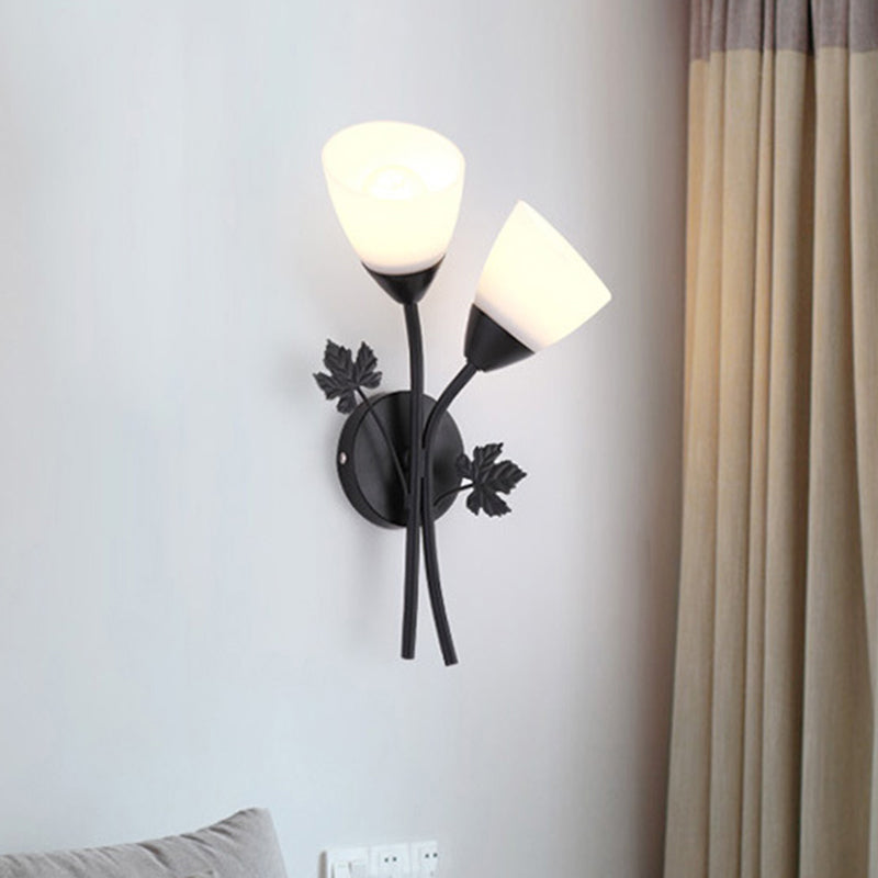 Avtoit | Floral Wall Lamp Modernist Milk Glass 2 Light Sources Black/Gold Wall Light with Metal Leaf