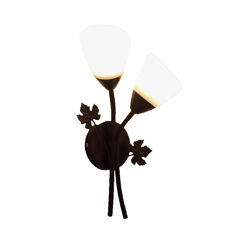 Avtoit | Floral Wall Lamp Modernist Milk Glass 2 Light Sources Black/Gold Wall Light with Metal Leaf