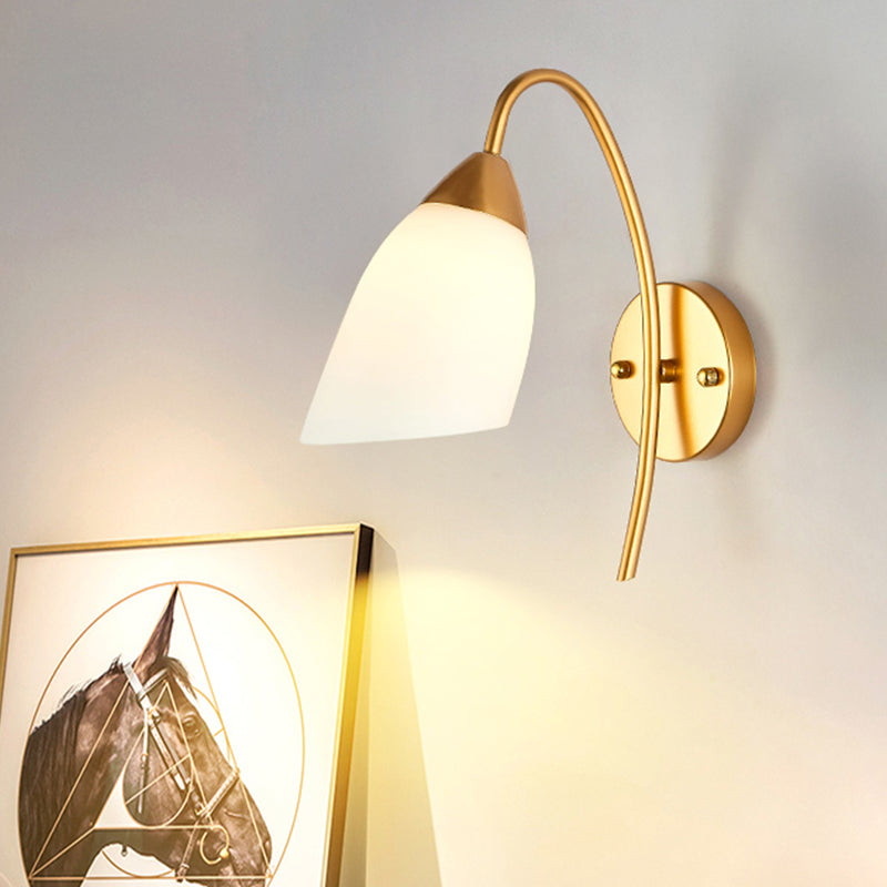 Avtoit | 1 Head Bedroom Wall Lamp Modernism Gold Wall Mounted Light with Flare White Glass Shade