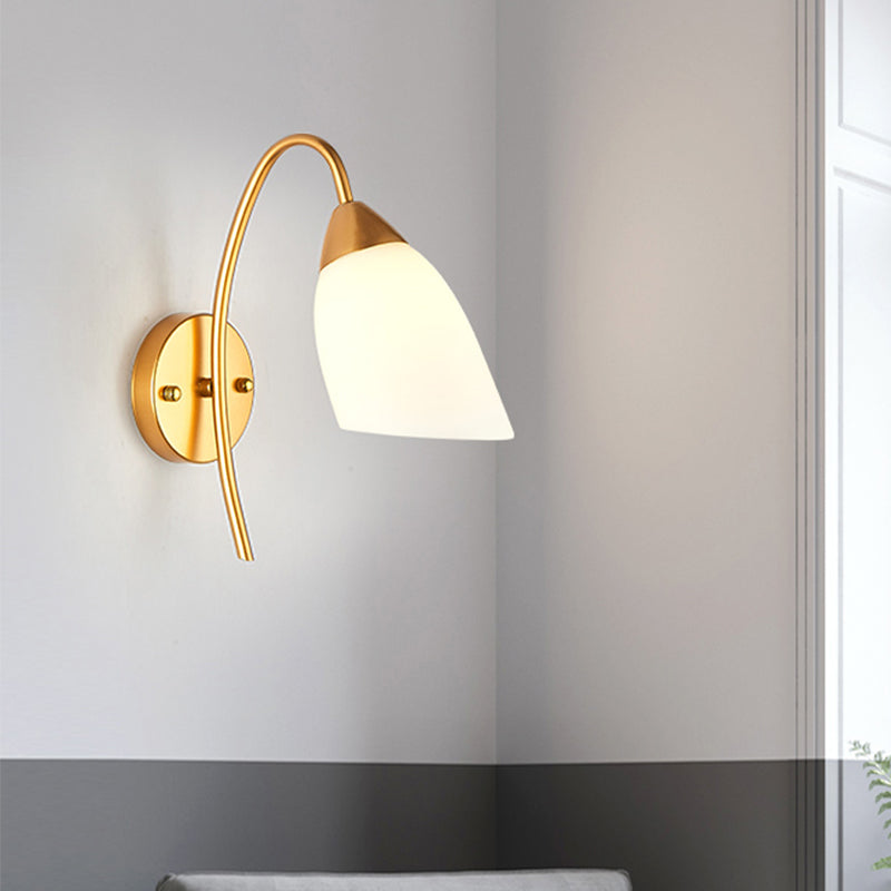Avtoit | 1 Head Bedroom Wall Lamp Modernism Gold Wall Mounted Light with Flare White Glass Shade