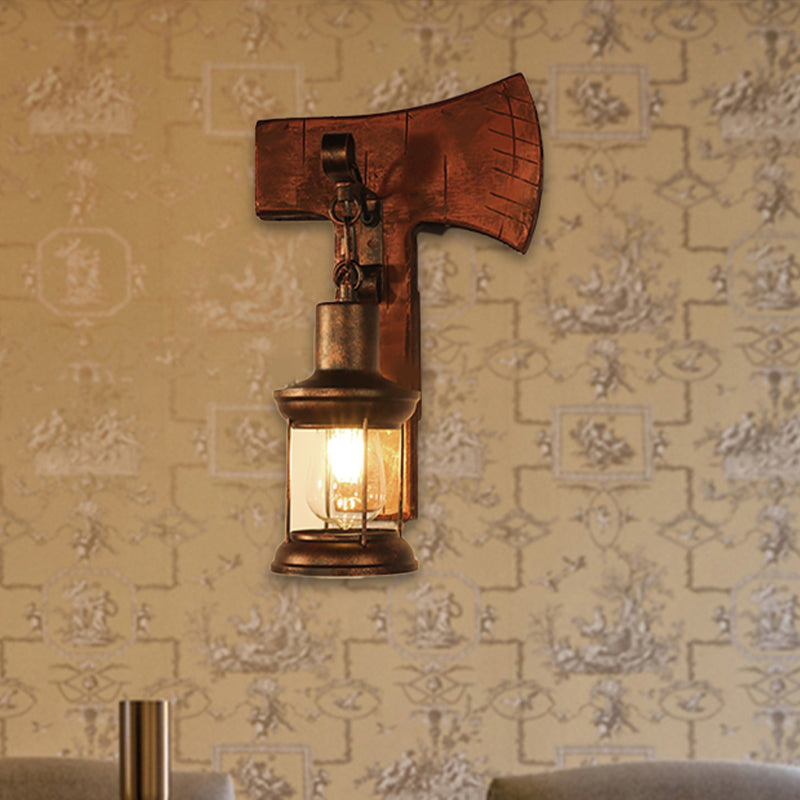 Avtoit | Rust One-Light Wall Light Coastal Clear Glass Lantern Lighting Fixture with Wood Back Plate