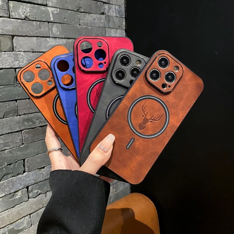 Avtoit | Luxury Deer Leather Apple iPhone Case | Magnetic Phone Case, Wireless Case, MagSafe, Wireless Charging, Protective Case, Cover for iPhone 15, 14, 13 Pro Max Plus