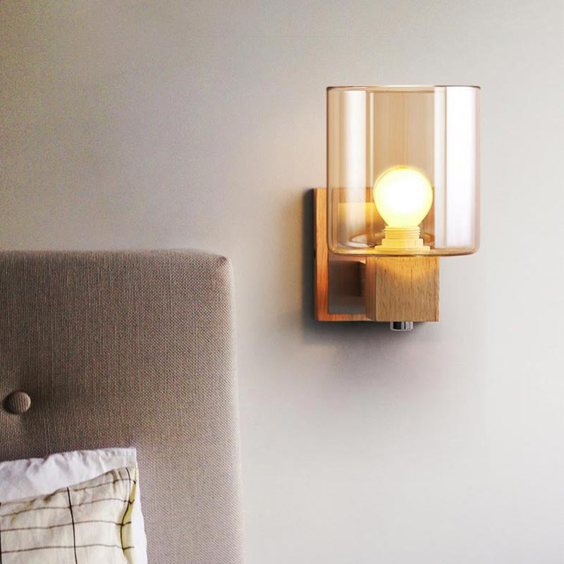Avtoit | Cognac Glass Cylinder Wall Lamp Nordic Style 1 Light Mini Wall Sconce Made of Wood
