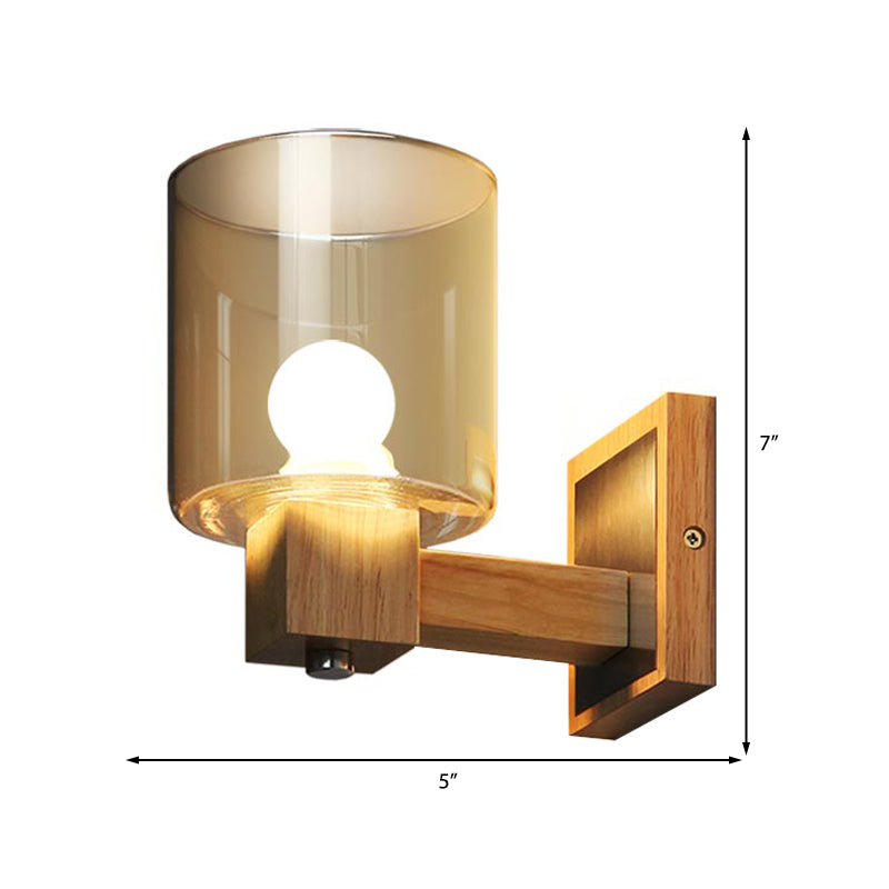 Avtoit | Cognac Glass Cylinder Wall Lamp Nordic Style 1 Light Mini Wall Sconce Made of Wood