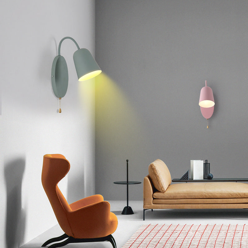 Avtoit | Modern Cone Wall Light 1 Light Wall Mounted Lighting with Metal Shade and Pull Chain in Pink/Yellow/Blue/Green