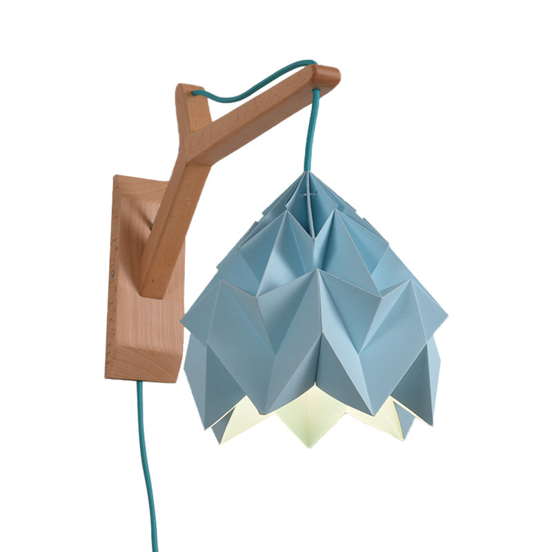 Avtoit | Curved Shadow Paper Wall Lamp Macaron 1 Head White/Pink/Yellow/Blue/Green Sconce Lamp with Wooden Backplate