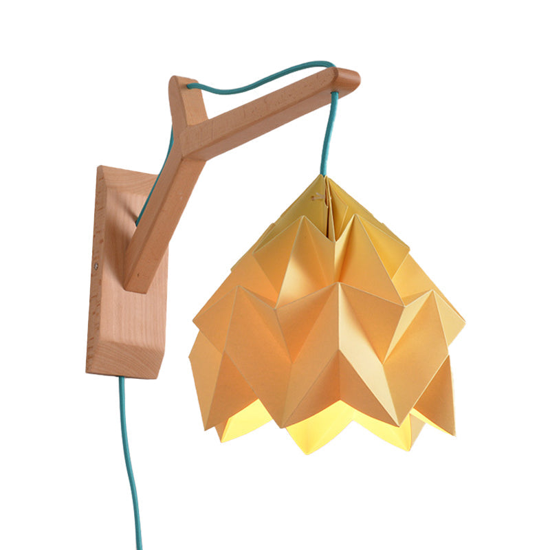 Avtoit | Curved Shadow Paper Wall Lamp Macaron 1 Head White/Pink/Yellow/Blue/Green Sconce Lamp with Wooden Backplate