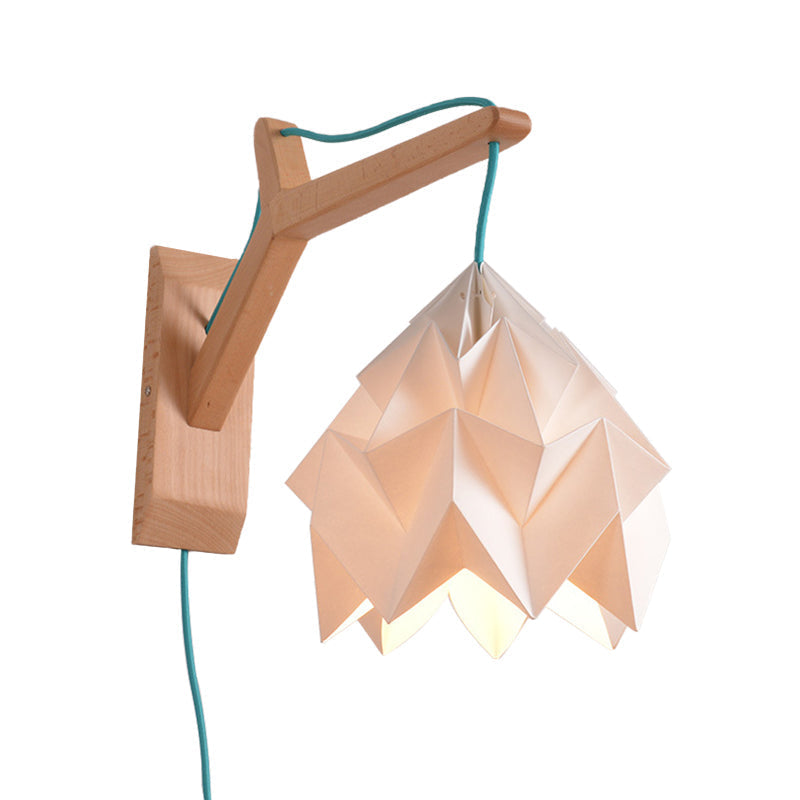 Avtoit | Curved Shadow Paper Wall Lamp Macaron 1 Head White/Pink/Yellow/Blue/Green Sconce Lamp with Wooden Backplate