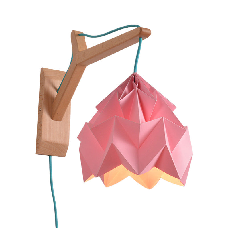 Avtoit | Curved Shadow Paper Wall Lamp Macaron 1 Head White/Pink/Yellow/Blue/Green Sconce Lamp with Wooden Backplate