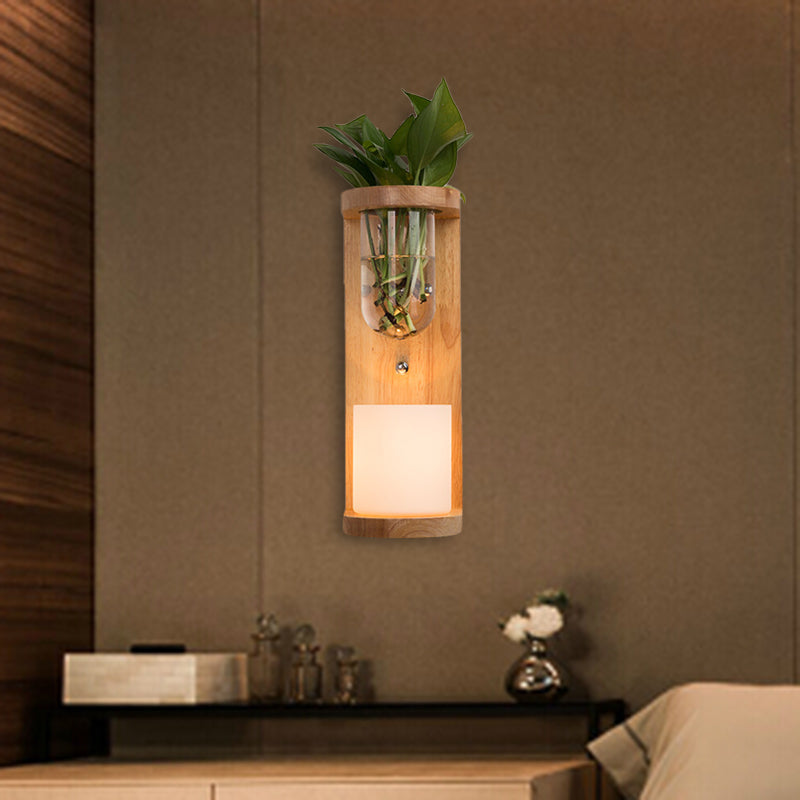 Avtoit | Cylinder Living Room Wall Lamp Industrial Opal Glass 1 Light Wood LED Wall Light Lighting Fixture