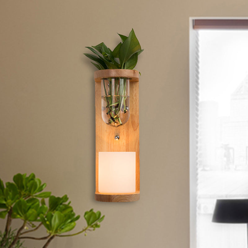 Avtoit | Cylinder Living Room Wall Lamp Industrial Opal Glass 1 Light Wood LED Wall Light Lighting Fixture