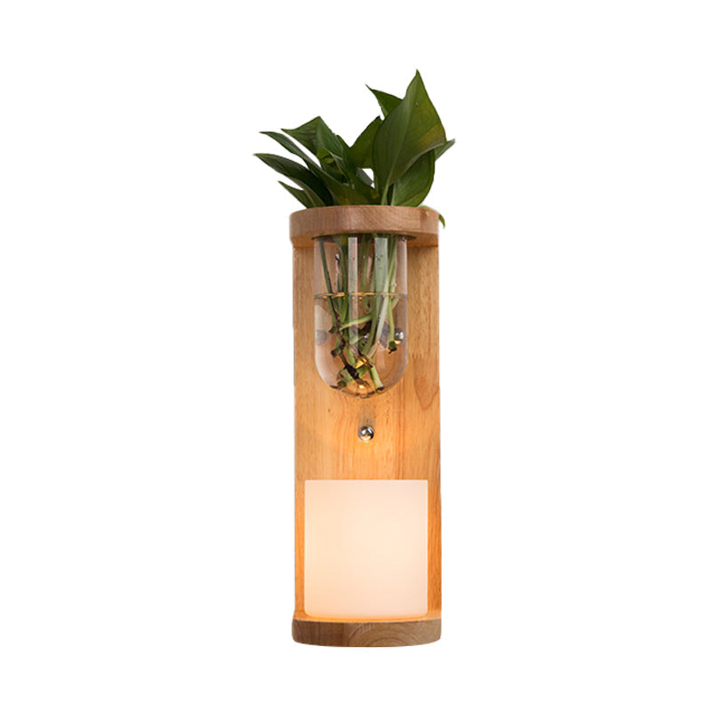 Avtoit | Cylinder Living Room Wall Lamp Industrial Opal Glass 1 Light Wood LED Wall Light Lighting Fixture