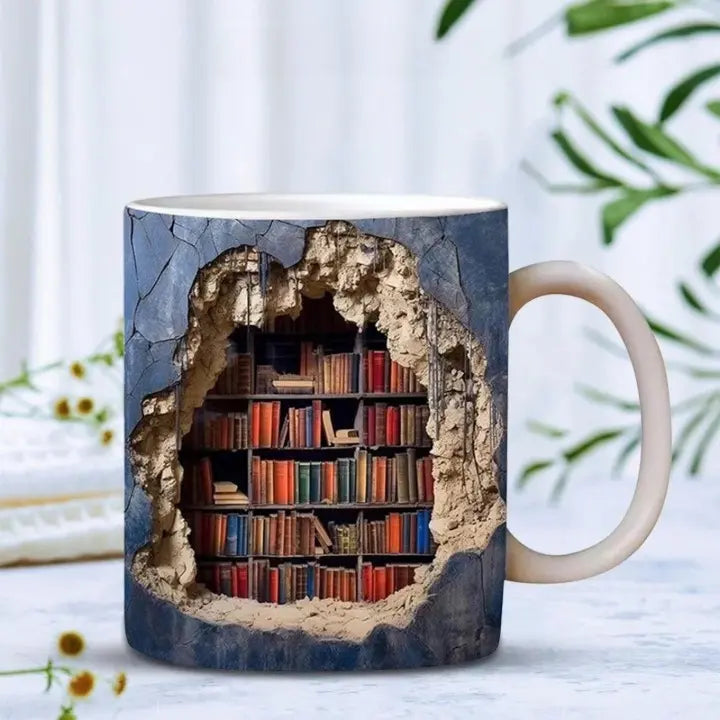 3D Bookshelf Ceramic Mug for Book Lovers, Durable Drinkware