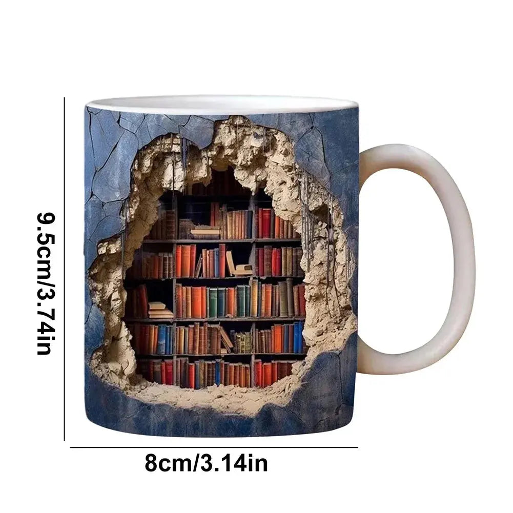 3D Bookshelf Ceramic Mug for Book Lovers, Durable Drinkware