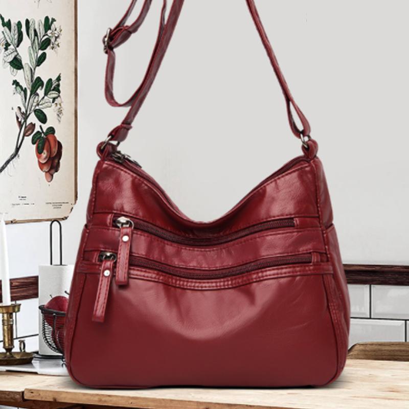 PU Leather Shoulder Bag with Zipper Pockets and Adjustable Strap