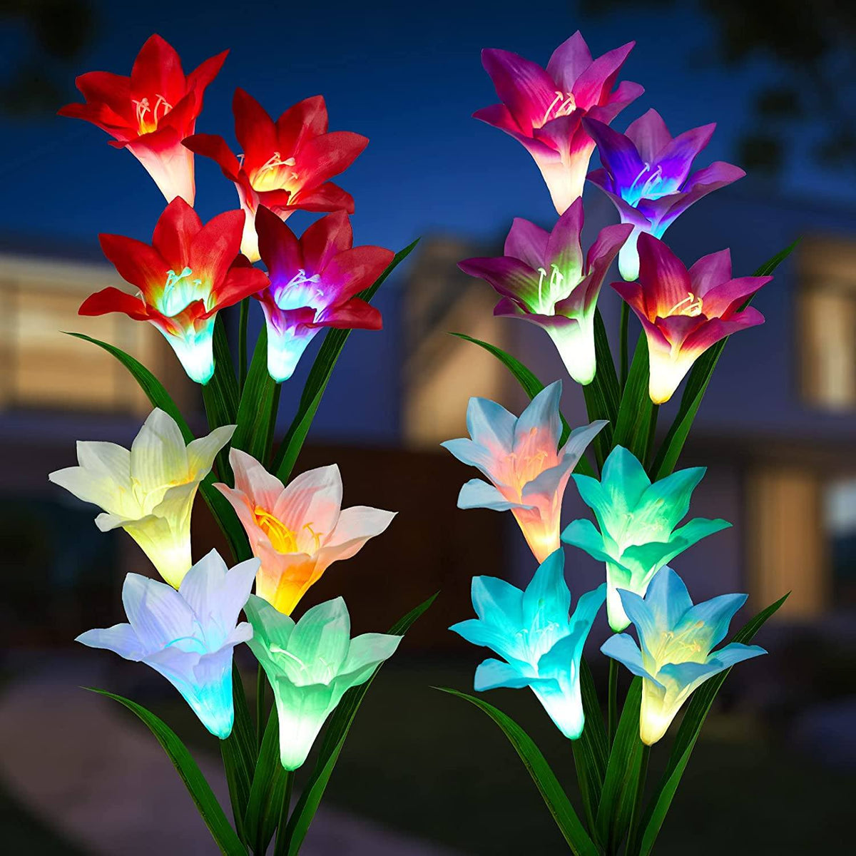 Avtoit | 4-pack: Solar garden lights with color change and 16 larger lily flowers
