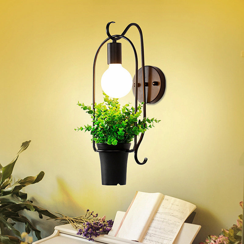 Avtoit | Potted Plant Restaurant Wall Lamp Industrial Metal 1 Bulb Black LED Wall Lighting