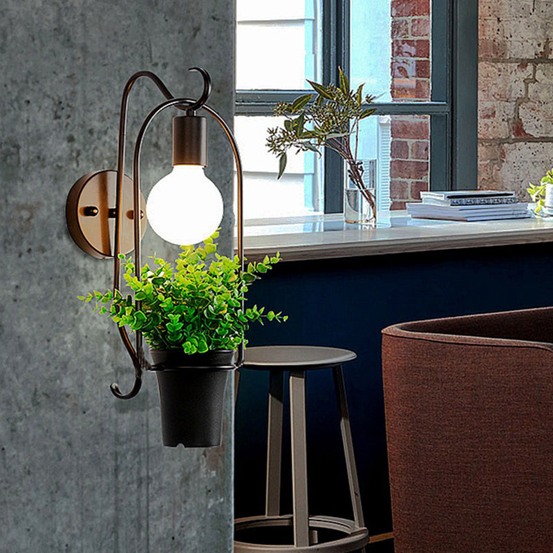 Avtoit | Potted Plant Restaurant Wall Lamp Industrial Metal 1 Bulb Black LED Wall Lighting