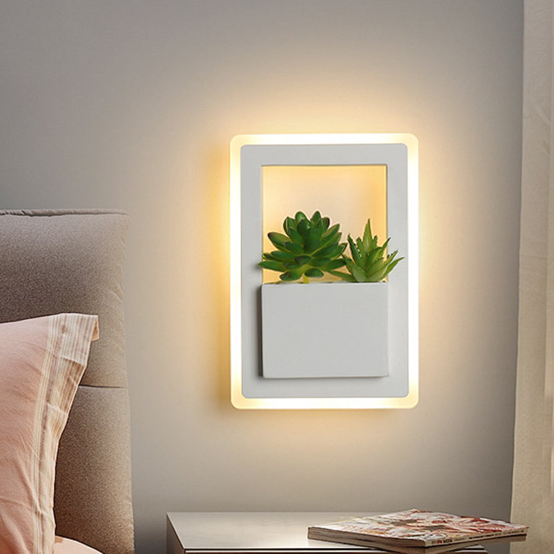 Avtoit | White LED Wall Lighting Minimalist Acrylic Rectangles Wall Lamp with Plant Decoration for Bedroom, Warm/White Light