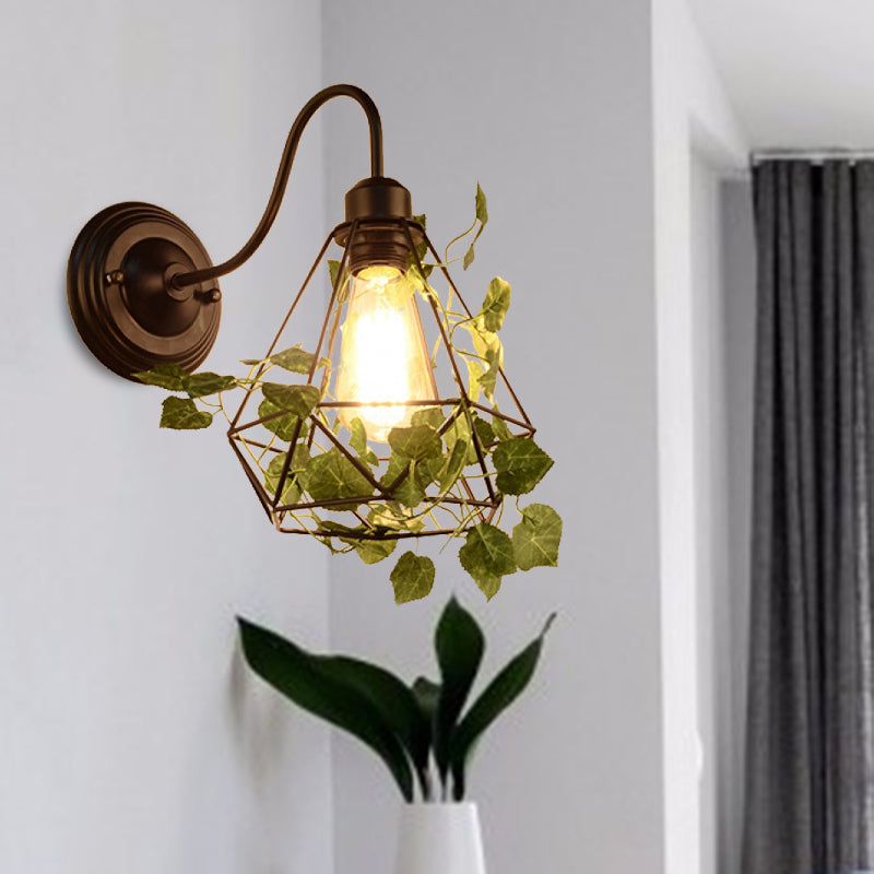 Avtoit | 1 Light Wall Lighting Fixture Industrial Diamond / Globe / Square Metal LED Wall Lamp Sconces in Black with Plants
