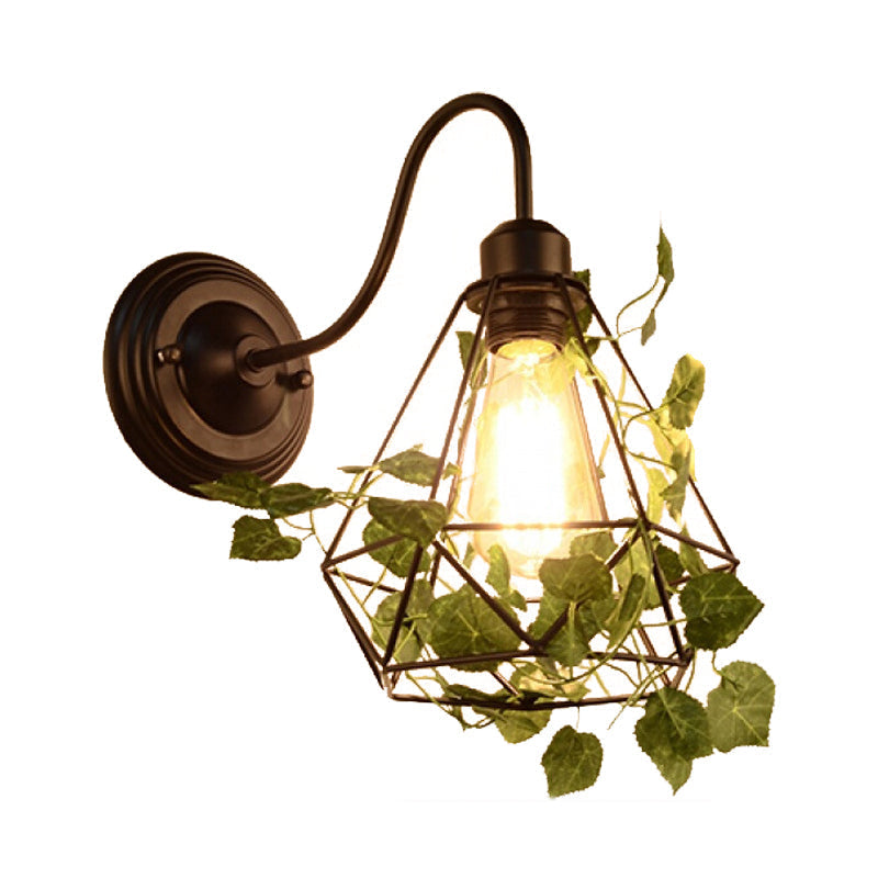Avtoit | 1 Light Wall Lighting Fixture Industrial Diamond / Globe / Square Metal LED Wall Lamp Sconces in Black with Plants